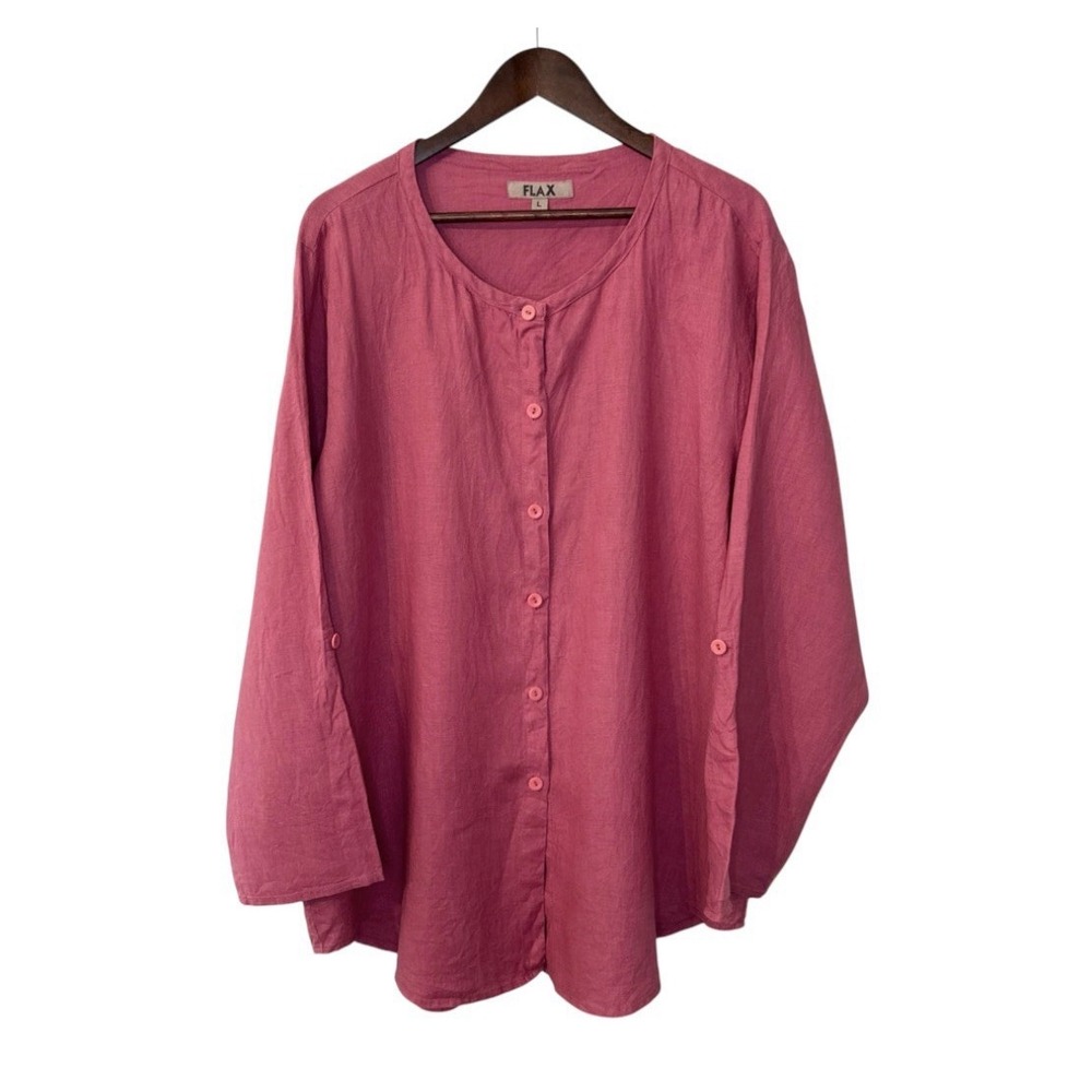 Flax linen roll tab button up shirt women's large 14-18 pink coastal lagenlook